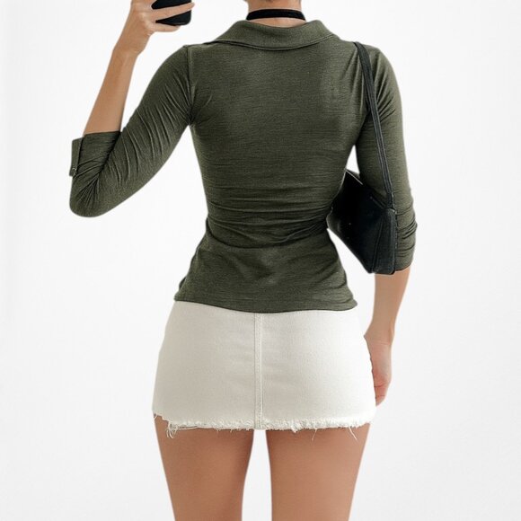 Fashion Nova Camo Green Knit Button Down Front 3/4 Sleeve Top Size M/L - Picture 3 of 7